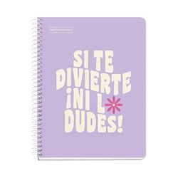 Miquelrius - Cuaderno A5, Notebook mensajes, 1 Franja de color, 100 Hojas de 90 g/m², Rayado horizontal de 7 mm, 2 Taladros, Cubierta de cartón duro, Color lavanda