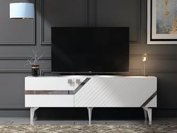 Hanah Home Stijlvolle tv-standaard, 150 cm breed, wit en zilver, 100% melamine gecoat verdeelbord, 18 mm dik, modern design voor woonkamer en entertainmentruimtes