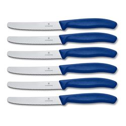 Victorinox Swiss Classic, Couteau à petit déjeuner, Couteau à pain, Lame tranchante, dentelée, 11 cm, Manche plastique, Acier inoxydable, Set 6 Pièces, Bleu