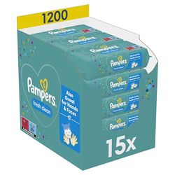 Pampers Fresh Clean Chusteczki Dla Niemowląt 1200 Sztuk (15 x 80), Neutralny Zapach, Świetnie Nadają się Również do Rąk i Twarzy