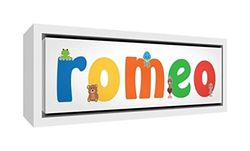 Little Helper LHV-ROMEO-2159-FCWHT-15IT Impression sur toile encadrée en bois blanc, dessin personnalisable avec le nom des garçons Romeo, multicolore, 25 x 63 x 3 cm
