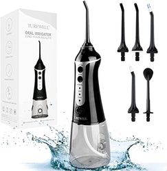 TUREWELL FC1591 Irrigador Bucal Profesional, 300ml Irrigador Dental Portátil USB Recargable Impermeable IPX7 y 3 Modos con 5 Boquillas Multifuncionales para Familia y Viajar（Negro）