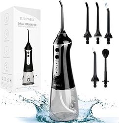 TUREWELL FC1591 Hydropulseur Jet Dentaire Portable, Irrigateur Oral Professionnel 300ML Electrique & Rechargeable IPX7 Etanche, 3 Mode, 5 Buses à Jet pour Toute La Famille