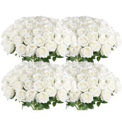 Hananona 50 Pcs Artificial Roses Flowers for Flower Arrangement, Silk White Rose Bouquet for Home Decoration, Faux Roses for Valntine's Day Parties and Wedding Decoration (50, White)