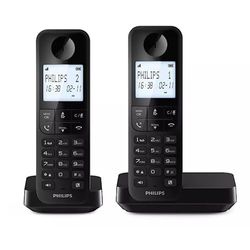 Philips Duo D2702B - Teléfonos Fijos Inalámbricos, Pantalla Retroiliminada 4,6', Micrcoteléfono Vertical, Llamadas Manos Libres, hasta 14 Horas, Antena Optimizada, Dos teléfonos, Negro