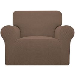 Easy-Going Stretch Sofa Slipcover 1-Piece Sofa Cover Furniture Protector Couch Soft with Elastic Bottom Kids, Spandex Jacquard Fabric Small Checks(Chair,Brown)