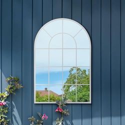 MirrorOutlet The Arcus - White Framed Window Modern Full Length Arched Garden Mirror 47" X 31" (120CM X 80CM) Silver Mirror Glass with Black All weather Backing.
