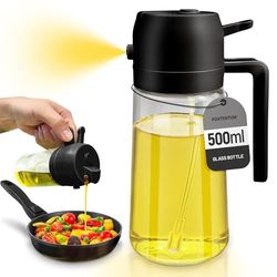 PORTENTUM 17oz Oil Spray Bottle - 2 in 1 Olive Oil Dispenser Bottle for Kitchen Accessories - Spray bottles For Air Fryer Kitchen Gadgets (Black)
