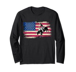 Patriotic Rodeo Horse Cowboy Bull Rider USA Bandera estadounidense Manga Larga