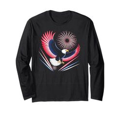 Bandera Americana Colores Águila y Fuegos Artificiales 4 de Julio Manga Larga