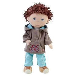 HABA 306528 – Docka Lian – tygdocka för barn från 18 månader att leka med och gosa av mjuka material – Storlek: 30 cm, grå/brun/beige/vit/blå