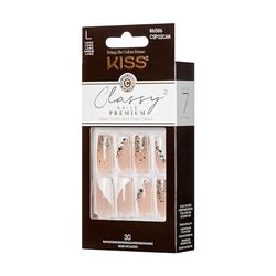KISS Classy Nails Premium Gorgeous Long Length Coffin Premium False Nails Kit Includes Nail Glue, Mini File, Manicure Sticks and 30 False Nails