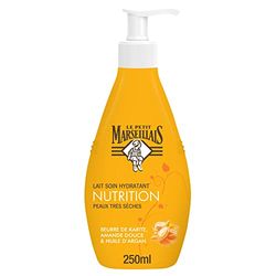 Le Petit Marseillais | Lait Soin Hydratant Nutrition Peaux Très Sèches (flacon-pompe de 250 ml) – Lait corps au beurre de karité, amande douce et huile d'argan – 24 h de confort cutané