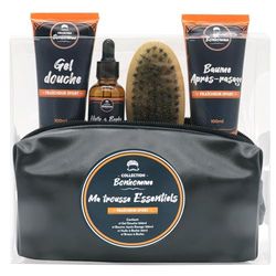 Trousse Barbe Homme Essentielle - Kit Complet Gel Douche, Huile pour Barbe, Brosse à Barbe, Baume Après-Rasage - Soin Visage Homme - Senteur Fraicheur Sport - Entretien Barbe, French Tendance