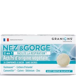 GRANIONS Nez et gorge | Complément alimentaire | 2en1 Inconfort nasal et mal de gorge adulte | Guimauve + Lichen d'Islande + Camomille | Goût menthe glaciale | Sans sucres | Marque FR | 24 comprimés