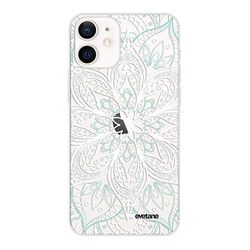 Evetane Beschermhoes compatibel met iPhone 12 Mini, zacht, siliconen, robuust, zeer duurzaam, dun, transparant, mandala turquoise, modieus motief