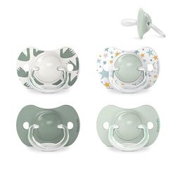 Suavinex, Lot 4 Sucettes pour Bébé 6/18 Mois, Tétine Symétrique SX Pro en Silicone, Tétine plus Plate et Flexible, Réversible, Respecte le Développement Buccodentaire, Bleu et Vert