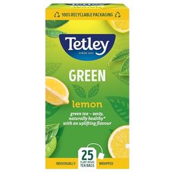 Tetley Lemon Green Tea Bags - Refreshing & Healthy Citrus Blend - Rainforest Alliance Certified - Plant Based Tea Bags - Perfect for a Relaxing Moment - 25 Teabags (1 Pack)