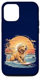 Carcasa para iPhone 14 Lindo perro Golden Retriever para enamorarse de la playa surfista