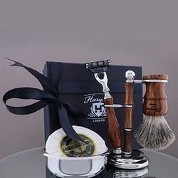 Haryali London Kit da barba - Kit da barba in legno - Rasoio da barba a 3 bordi - Pennello da barba Super Badger - Supporto da barba in legno, sapone e ciotola in acciaio inossidabile - Set da barba