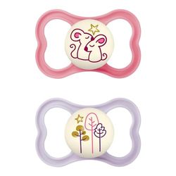 MAM MAM fopspeen voor 6-16 maanden, set van 2, 6-16 maanden, licht op in het donker, voor de gevoelige huid, set van 2 babyaccessoires met siliconen zuiger en fopspeenhouder, roze en paars