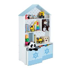 Relaxdays Estantería Infantil, Organizador Juguetes con Timón, 5 Estantes, 2 Cajas con Ruedas, 128x75x34cm, Blanco/Azul