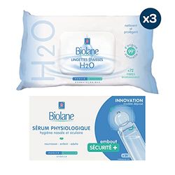 BIOLANE - 3 Lingettes nettoyantes épaisses H2O (216 Lingettes Bébé) - Boite de 30 Sérums Physiologique - Peaux Sensibles - Dès la naissance - Fabriqué en France