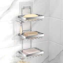 Moforoco Soporte para jabonera para Pared de Ducha, sin taladrar, Acero Inoxidable 304 de 3 Niveles, Soporte para Barra de jabón con 4 Ganchos y Soporte para maquinilla de Afeitar para Ducha, Soporte