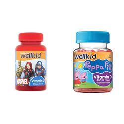 Bundle of Wellkid Marvel Vitamin D for Kids, Chewable Vegan Gummies + Wellkid Vitabiotics Peppa Pig Vitamin D Soft Jellies, Gummy, 30 Pack