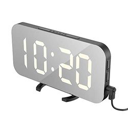 EXTSUD Despertador Digital Espejo LED Despertador Electrónico, Espejo Reloj Digital Moderno con Función de Alarma y Dual USB Puertos, Snooze y Memoria Automática, Luminancia Ajustable con 3 Niveles