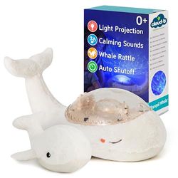 Cloud b Projektor oceaniczny lampka nocna z białym hałasem kojącymi dźwiękami, regulowane ustawienia i automatyczne wyłączanie, rodzina spokojnych wielorybów - biała
