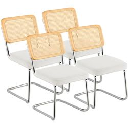 VEVOR Sillas Blancas de Ratán 4 Piezas Sillas Tapizadas de Terciopelo con Respaldo de Ratán Sillas de Cocina de Comedor Retro para Sala de Estar, Jardín, Patio, Dormitorio, Sala de Lectura, Oficina