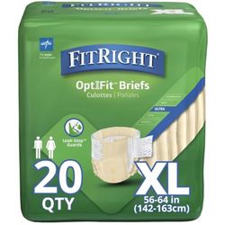 FitRight Ultra Adult Diapers, Disposable Incontinence Briefs with Tabs, Heavy Absorbency, X-Large, 57"-66", 4 Packs of 20 (80 Total)