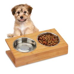 Relaxdays Bowl Holder, Feeding Station for Cats & Dogs, Tilted Stand for Food & Water, HWD 10x33.5x18 cm, Natural, bamboo, stainless steel