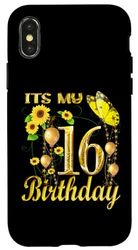 Carcasa para iPhone X/XS It's My 16th Birthday 16 Year Old Girl Sunflower Butterfly