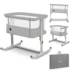 lionelo Aurora 3 en 1 Lit bébé jusqu'à 9 kg Cododo, Berceau Réglage de la Hauteur et de l’Inclinaison du Matelas 4 roulettes avec Freins Matelas Ergonomique Sac (Gris Clair)