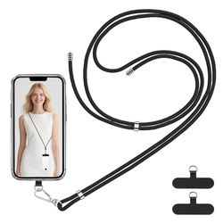 VynyQoo Cordon Telephone Portable Tour de Cou Réglable 80cm, Collier Telephone avec 2 Durable Patchs, Sangle Telephone Laniere Bandoulière Dragonne pour étuis de Téléphone Tout Compris(noir)