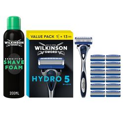 Bundle of Wilkinson Sword Hydro 5 Razor, Carbon Coated 5 Blades, Hydrating Gel, Flip Trimmer, 1 Handle + 13 Refills, + Wilkinson Sword Sensitive Shave Foam for Men, Sensitive Skin, 200ml