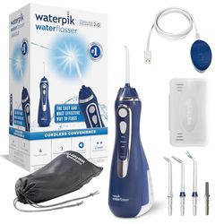 Irygator Waterpik Bezprzewodowy Cordless Advanced, 3 Ustawienia Ciśnienia, Usuwanie Płytki Nazębnej, Idealny w Podróż i do Małej Łazienki, Zasilanie Akumulatorowe USB, Kolor Niebieski (WP-583EU)