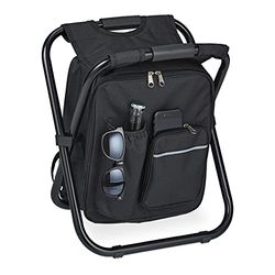 Relaxdays campingstoel met tas, inklapbaar, draagbaar, licht, stabiel, HBD 42x35x29 cm, rugzakkruk, polyester, zwart