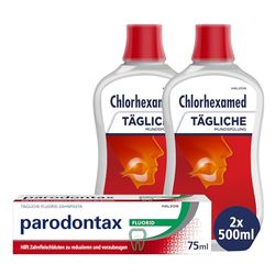 Chlorhexamed collutorio giornaliero, 2 x 500 ml + dentifricio al fluoro Parodontax, 1 x 75 ml