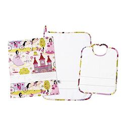 FILET - Three-Piece Nursery Set with Aida Canvas to Embroider, Consisting of a Bag, Towel and Bib in White Terry Cloth, 100% Cotton, Made in Italy, Princesses Pattern, Pink Background