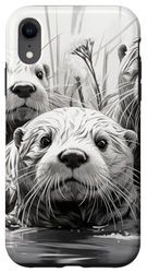 Carcasa para iPhone XR familia de nutria blanca y negra en agua arte realista retrato