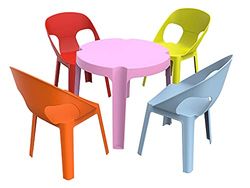 Resol Rita kinderset, 1 tafel roze + 4 stoelen rood/oranje/blauw/limoen