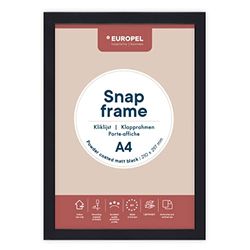 EUROPEL lightweight Snap frame A4, matt black powder-coated finish, Profile 25x11 mm, Anodized aluminum, anti-reflective protector, External dimensions 241x328 mm, Grey polystyrene back