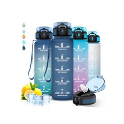 1l Waterfles, Sportfles, Waterfles Met Rietje, Gemakkelijk Schoon Te Maken, Lekvrije Waterfles, Met Motivatietekst, Waterfles Met Tijdmarkering, Voor School, Yoga, Hiken