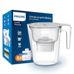 Philips Water Carafe filtrante avec 6 cartouches de remplacement, minuterie électronique, débit rapide, filtre le CHLORE, le CALCAIRE, les MÉTAUX LOURDS et les MICROPLASTIQUES, capacité de 2.6 L