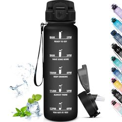 Grsta Drinkfles, 1 liter, waterfles met rietje, motiverende waterfles met tijdschaal, gemakkelijk te reinigen, voor sport, fitness, wandelen, zwart
