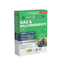 Santarome Bio - Gaz & Ballonnements - Complément alimentaire Transit - Charbon Végétal Actif - Plantes & Bourgeons Bio - France - 30 gélules