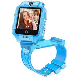 4G Smartwatch voor kinderen, GPS smartwatch met 360° dubbele camera, wifi, video, telefoonoproep, SOS, stappenteller, IP67 waterdicht, smartwatch voor meisjes en jongens (lichtblauw)